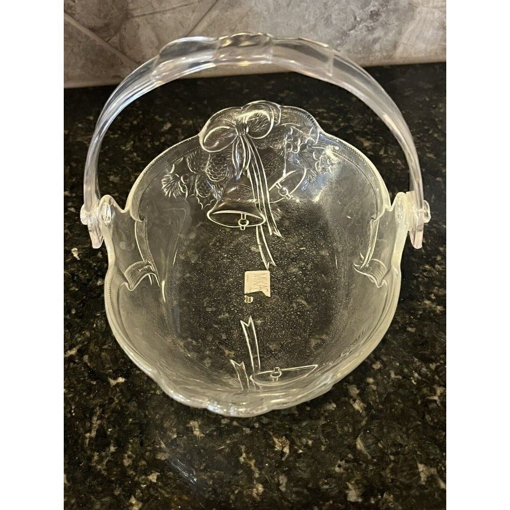 Mikasa Crystal Christmas Bells and Bow Basket with Plastic Handle Vintage Japan